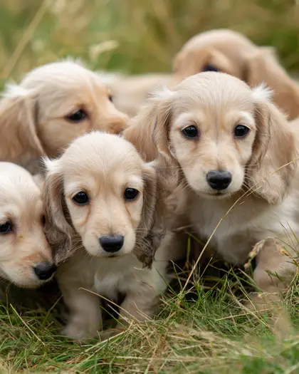 A litter of cream puppies