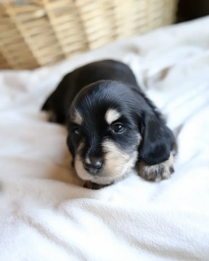 Ansel, Black & Cream male mini dachshund puppy