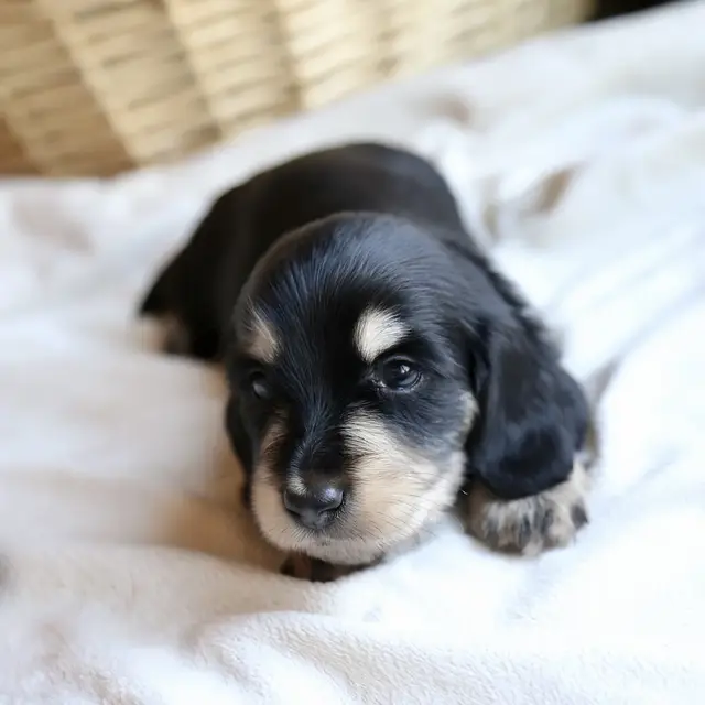 Ansel, Black & Cream male mini dachshund puppy (3+ week old photo)