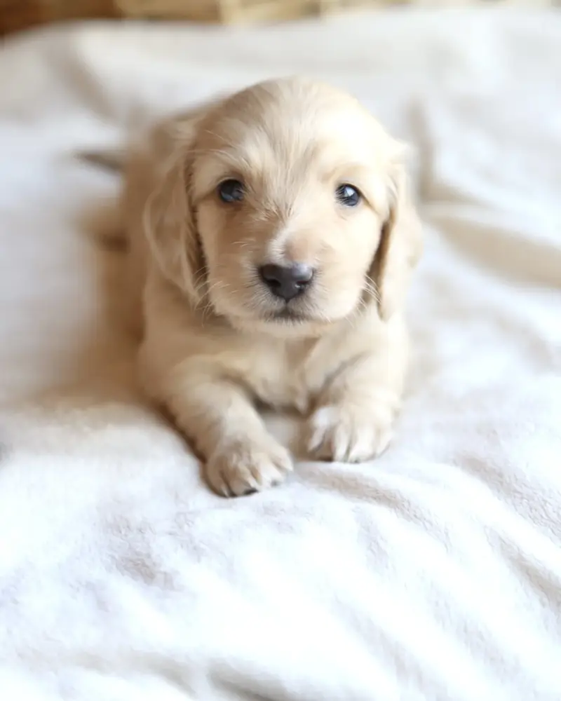 Archie, Clear Cream male mini dachshund puppy