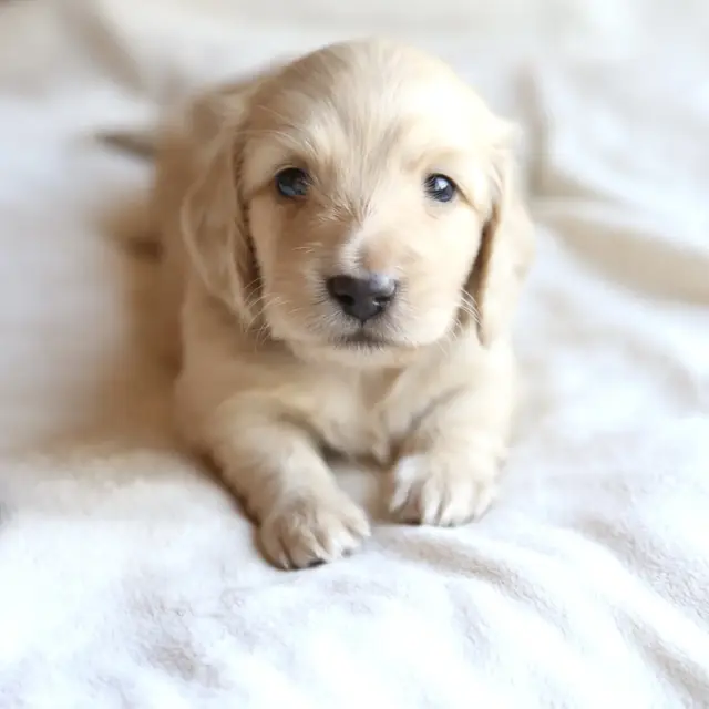 Archie, Clear Cream male mini dachshund puppy (3+ week old photo)