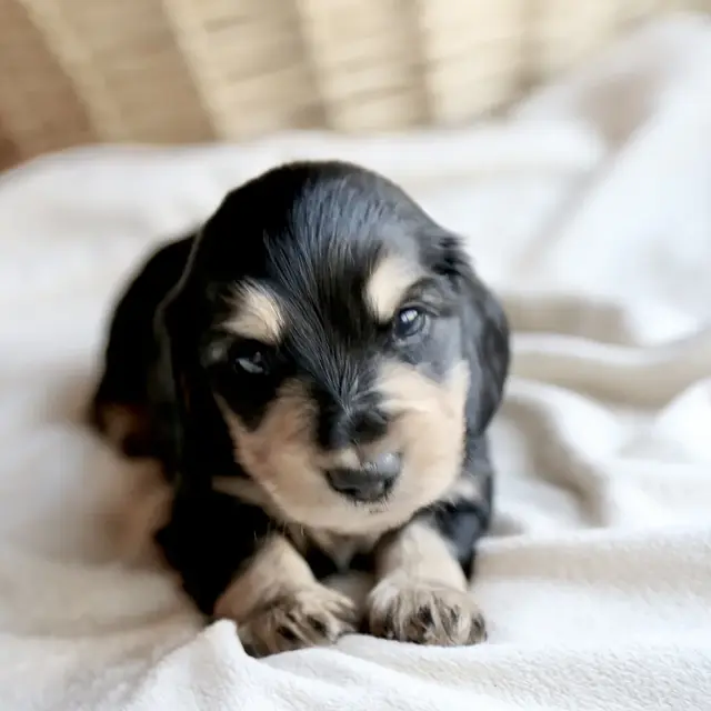 Arlo, Black & Cream male mini dachshund puppy (3+ week old photo)