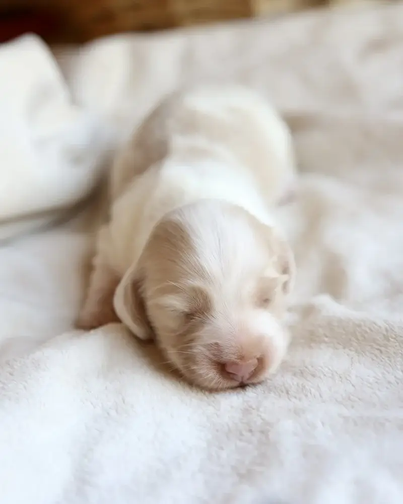 Dolly, Clear Cream Piebald female mini dachshund puppy